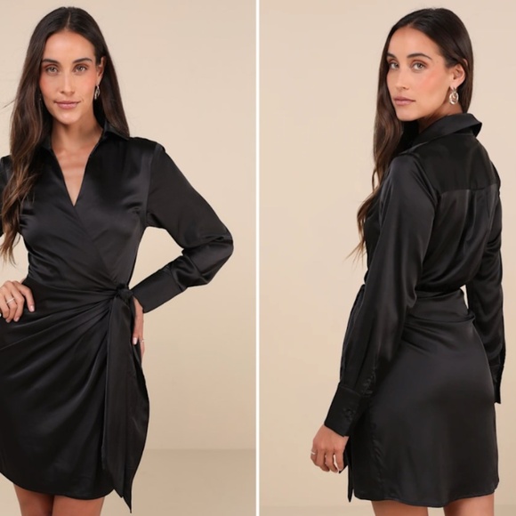 LULU's Sexy Chic Holiday Wedding Romantic Elegant Long Sleeve Satin Wrap Dress - Picture 4 of 5
